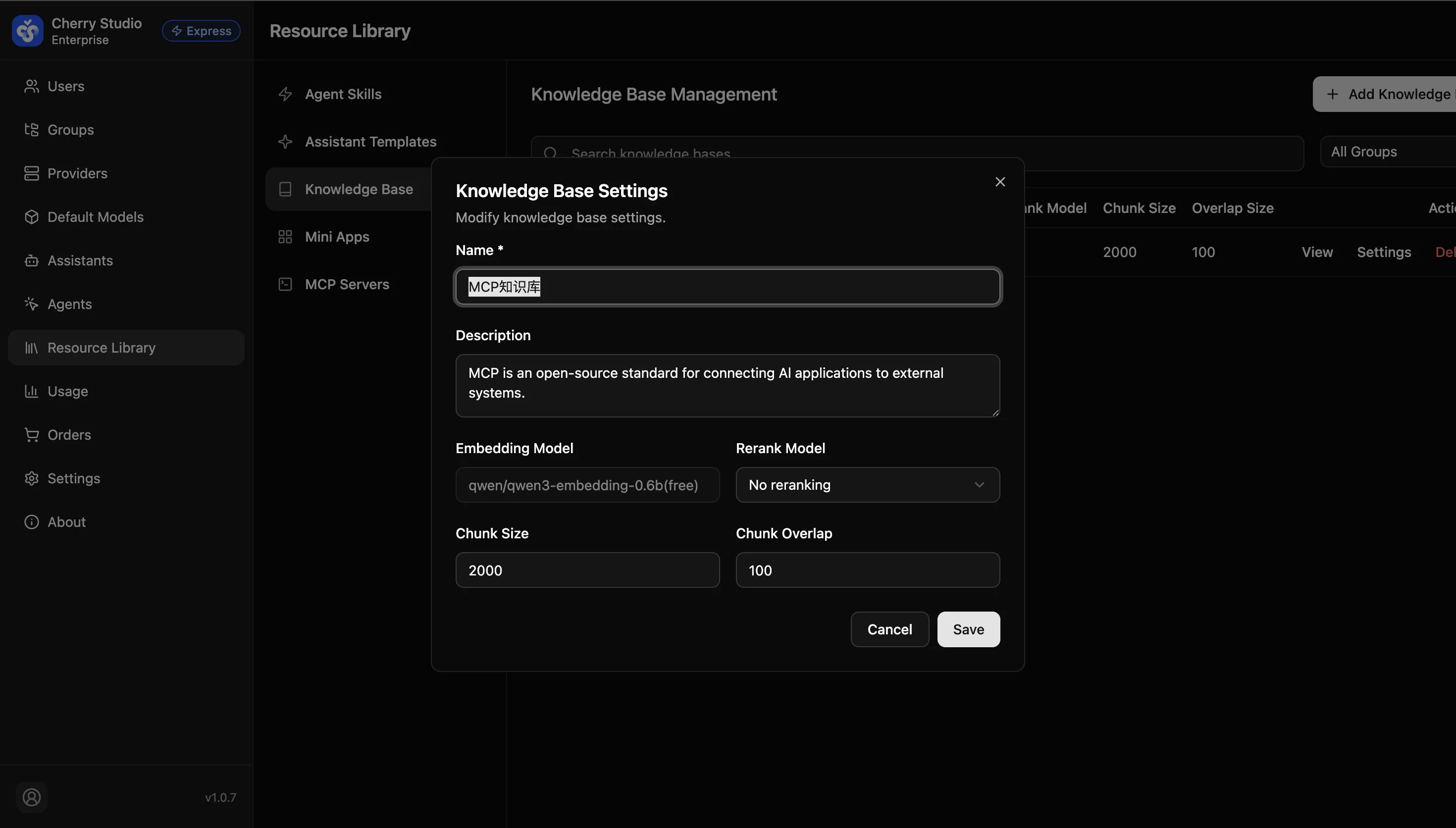 Click Settings in the knowledge base list to edit name, description ...