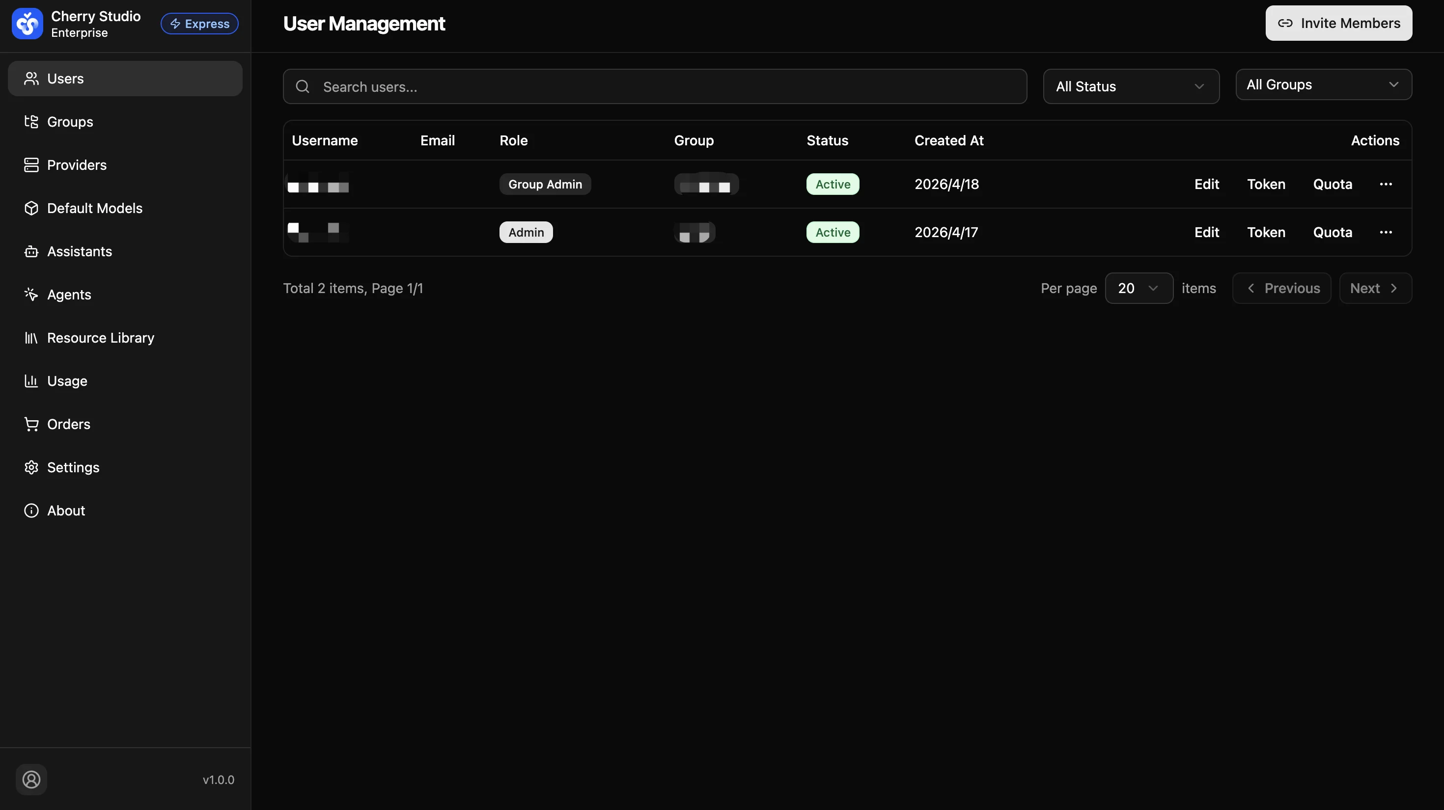 User Interface Manager User Management interface