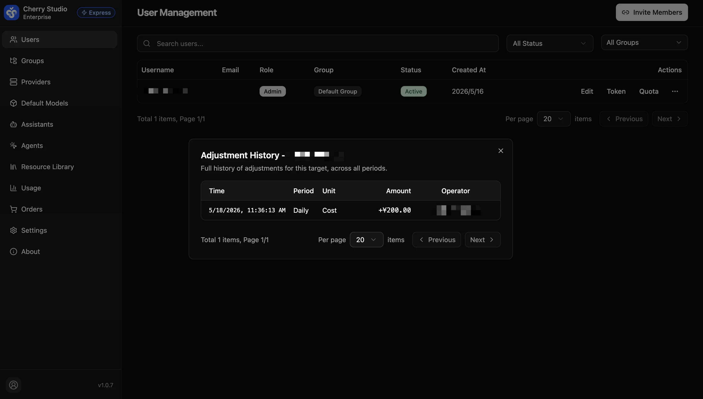 User adjustment history